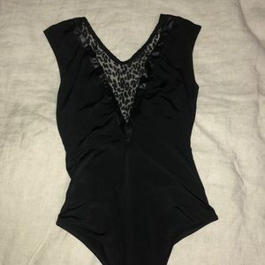 Black BEBE bodysuit sheer cheetah deep V